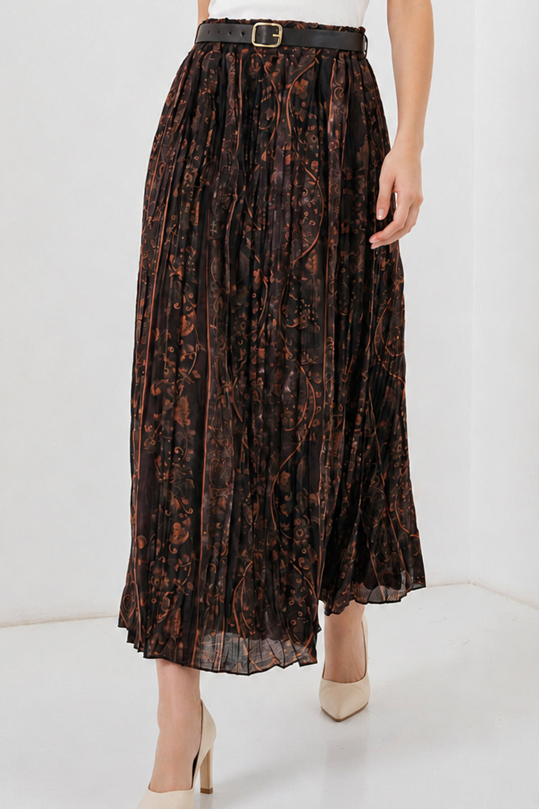 BNG Women Kemerli Desenli Etek B8074 Kahverengi - Kentwood