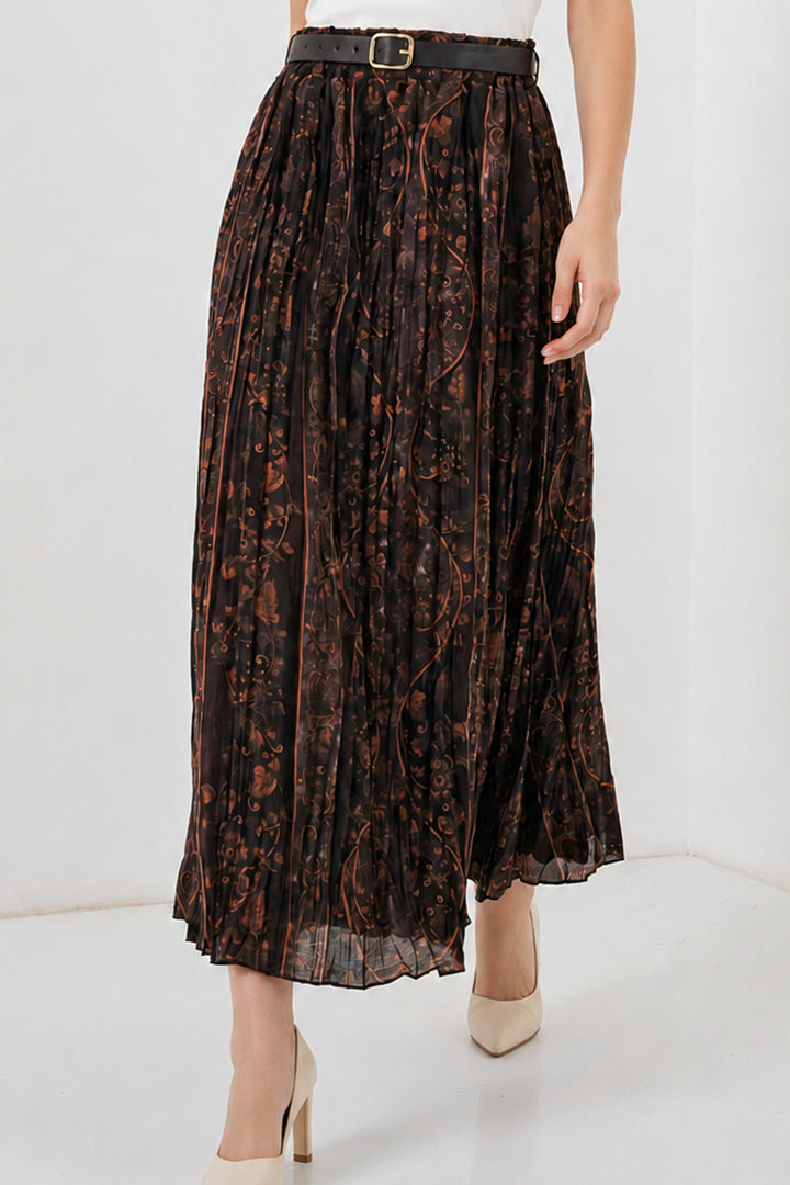 BNG Women Kemerli Desenli Etek B8074 Kahverengi - Kentwood