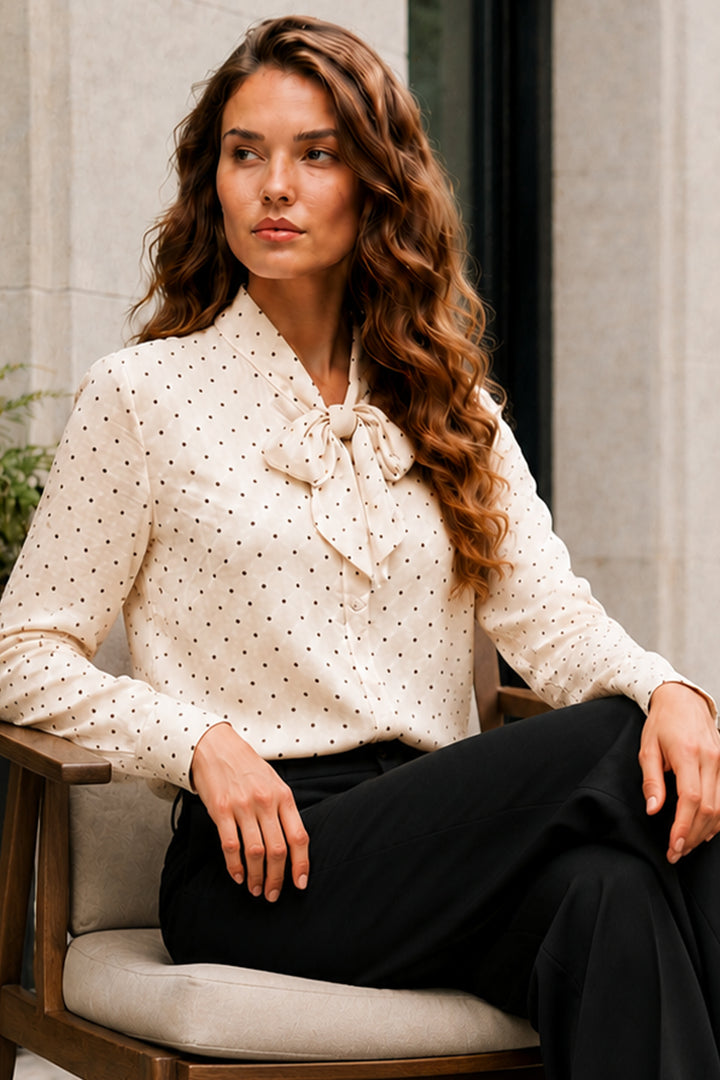 BNG Women Fularlı Puantiyeli Gömlek B20391 Bej - North Bergen