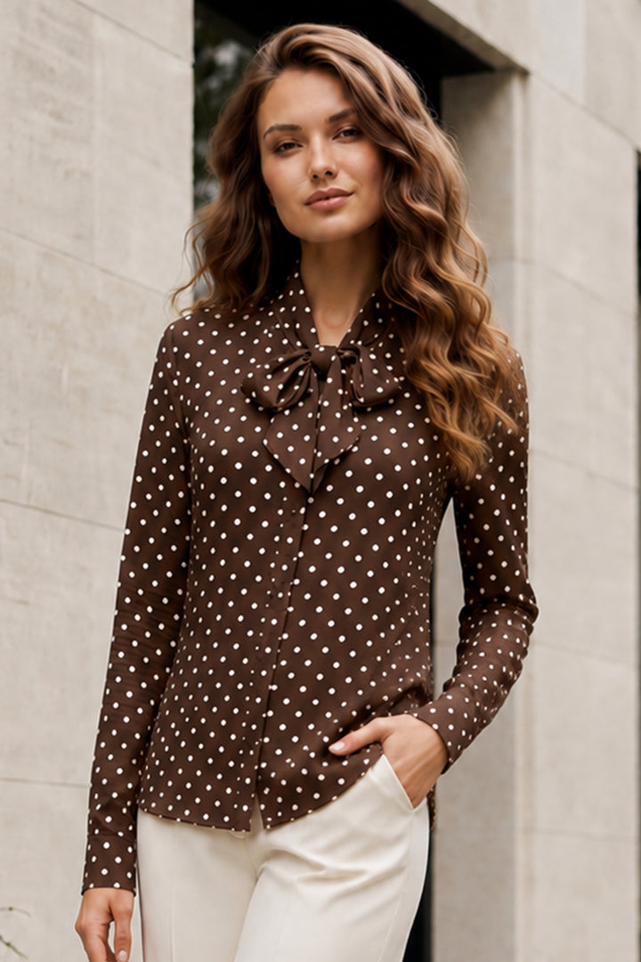BNG Women Fularlı Puantiyeli Gömlek B20391 Kahverengi - Banbury