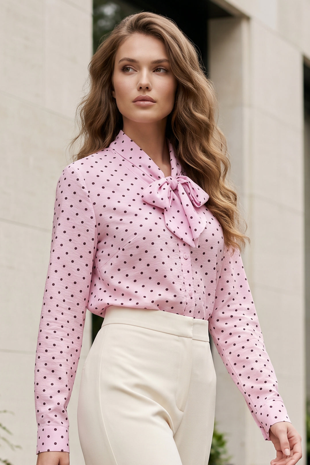 BNG Women Fularlı Puantiyeli Gömlek B20391 Pembe - Goshen