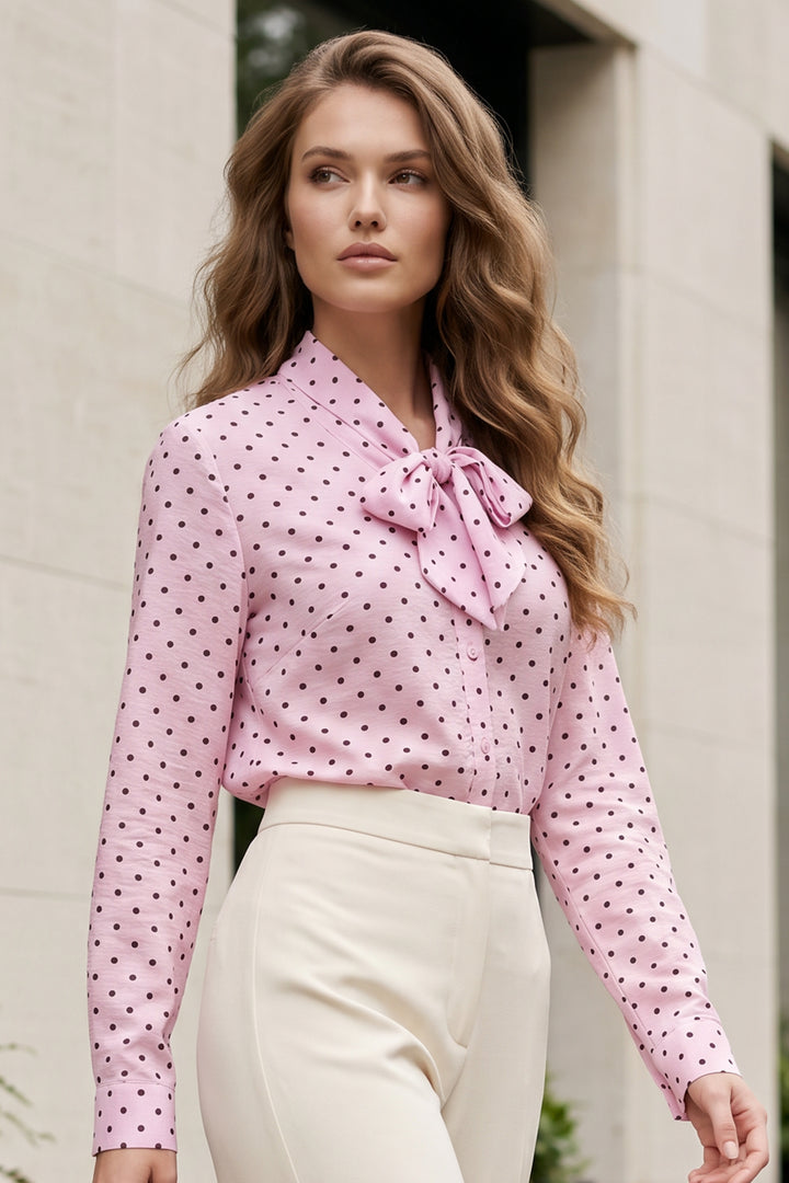 BNG Women Fularlı Puantiyeli Gömlek B20391 Pembe - Goshen