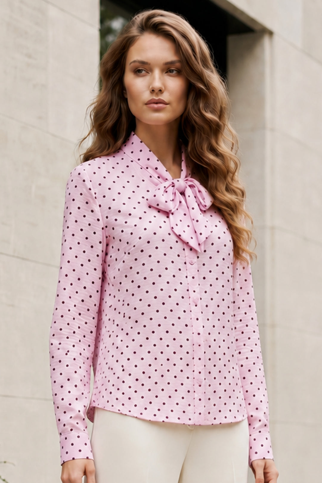 BNG Women Fularlı Puantiyeli Gömlek B20391 Pembe - Goshen