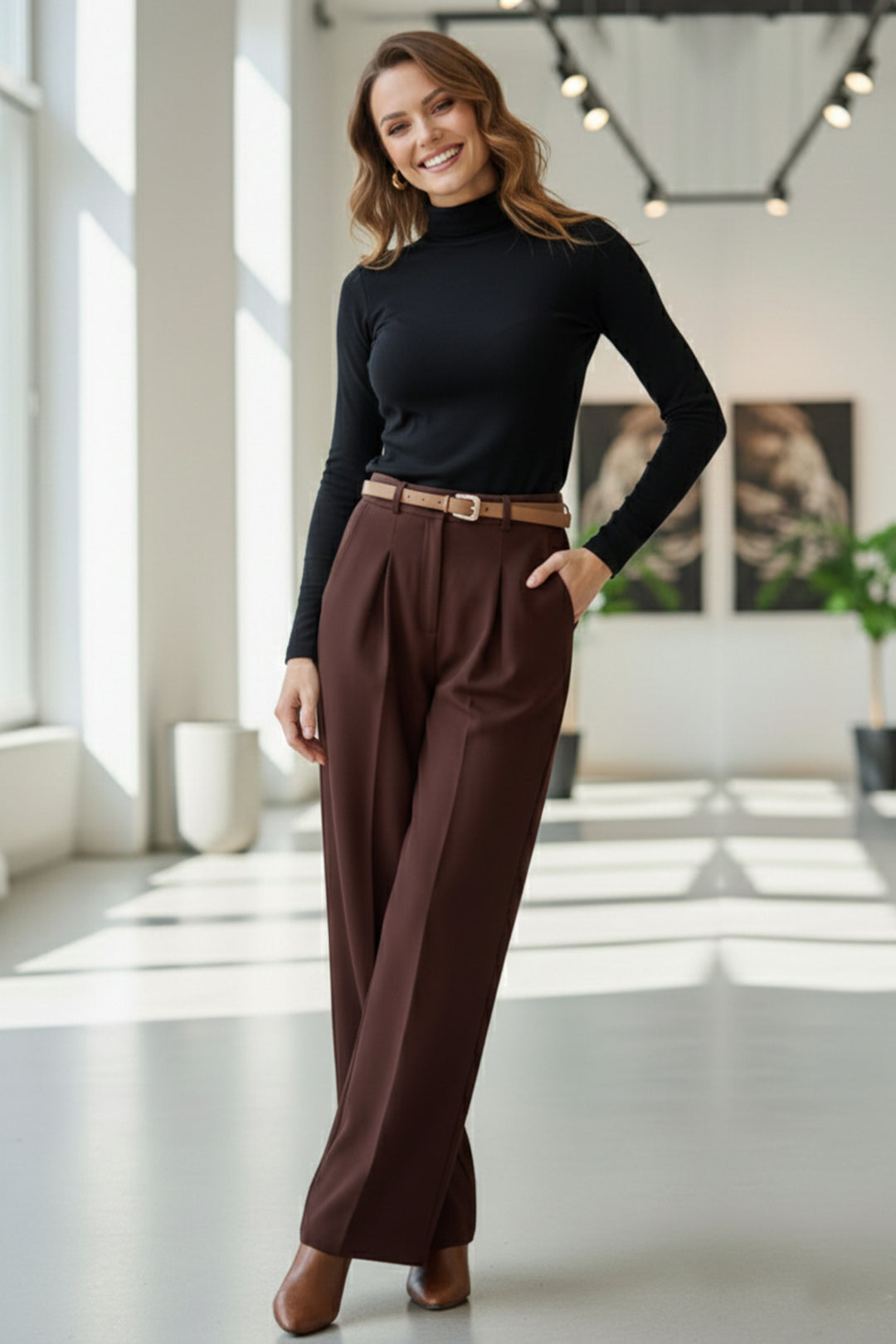 BNG Women Kemerli Palazzo Kumaş Pantolon B30051 Kahverengi - Tula de Allende