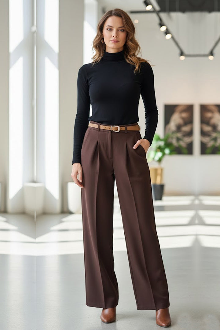 BNG Women Kemerli Palazzo Kumaş Pantolon B30051 Kahverengi - Tula de Allende