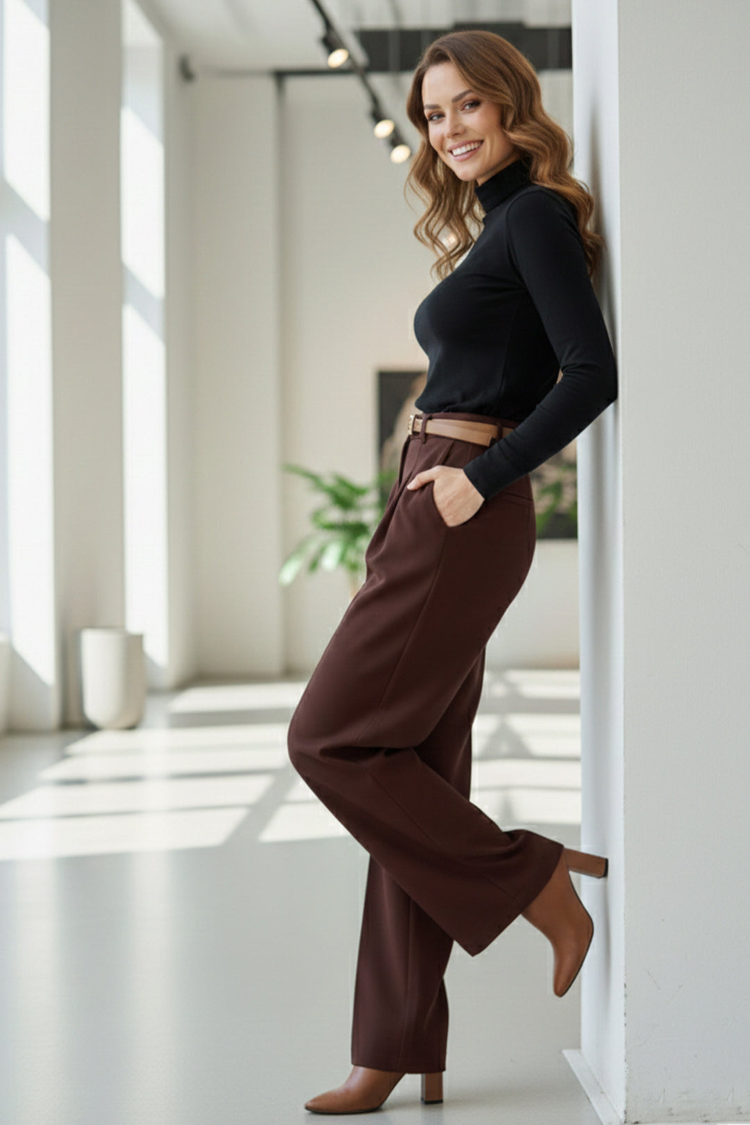 BNG Women Kemerli Palazzo Kumaş Pantolon B30051 Kahverengi - Tula de Allende