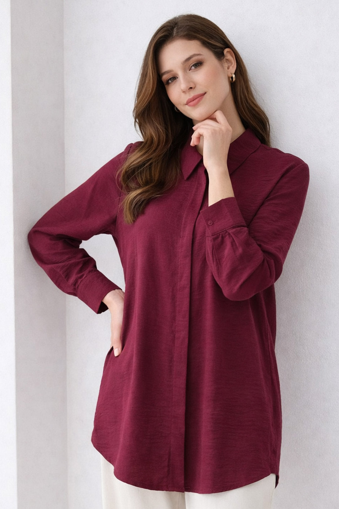 BNG Women Gömlek Yaka Uzun Tesettür Tunik B5945 Bordo - Carlsbad