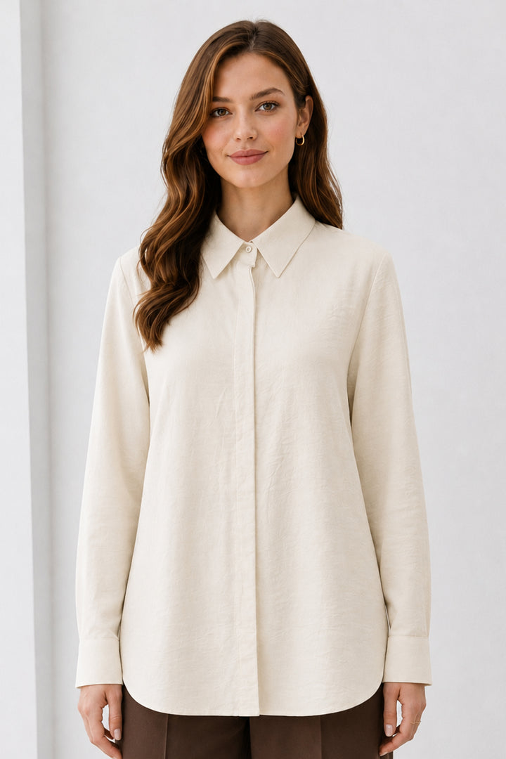 BNG Women Gömlek Yaka Uzun Tesettür Tunik B5945 Krem - Maplewood
