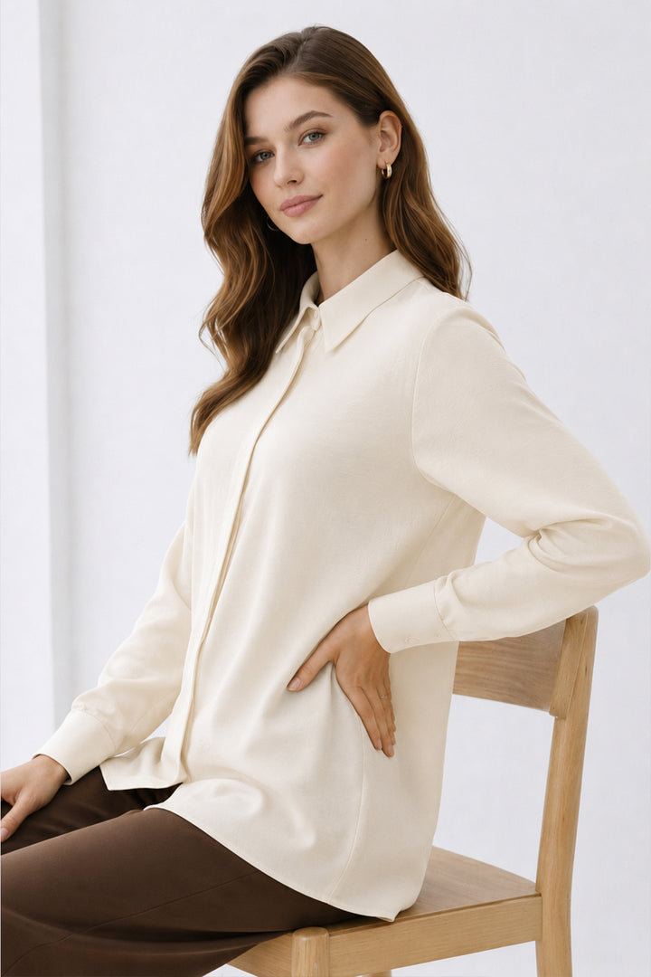 BNG Women Gömlek Yaka Uzun Tesettür Tunik B5945 Krem - Maplewood