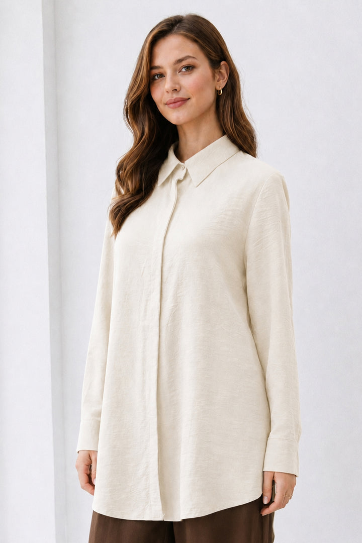 BNG Women Gömlek Yaka Uzun Tesettür Tunik B5945 Krem - Maplewood