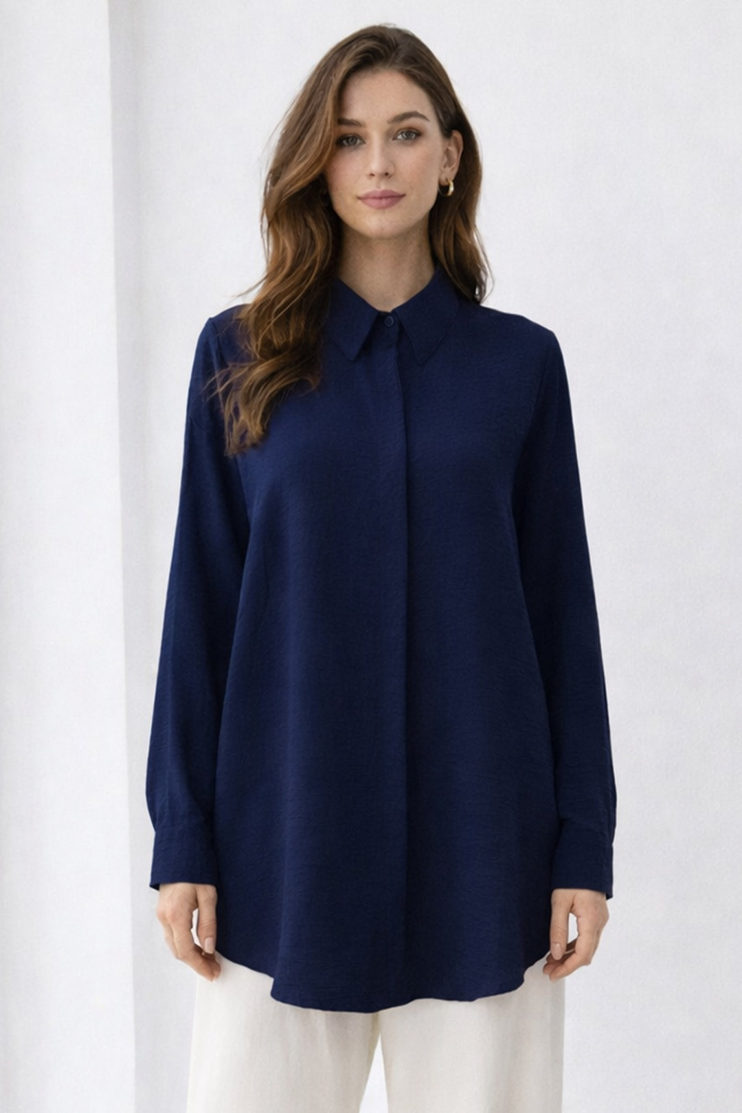 BNG Women Gömlek Yaka Uzun Tesettür Tunik B5945 Lacivert - Nürtingen