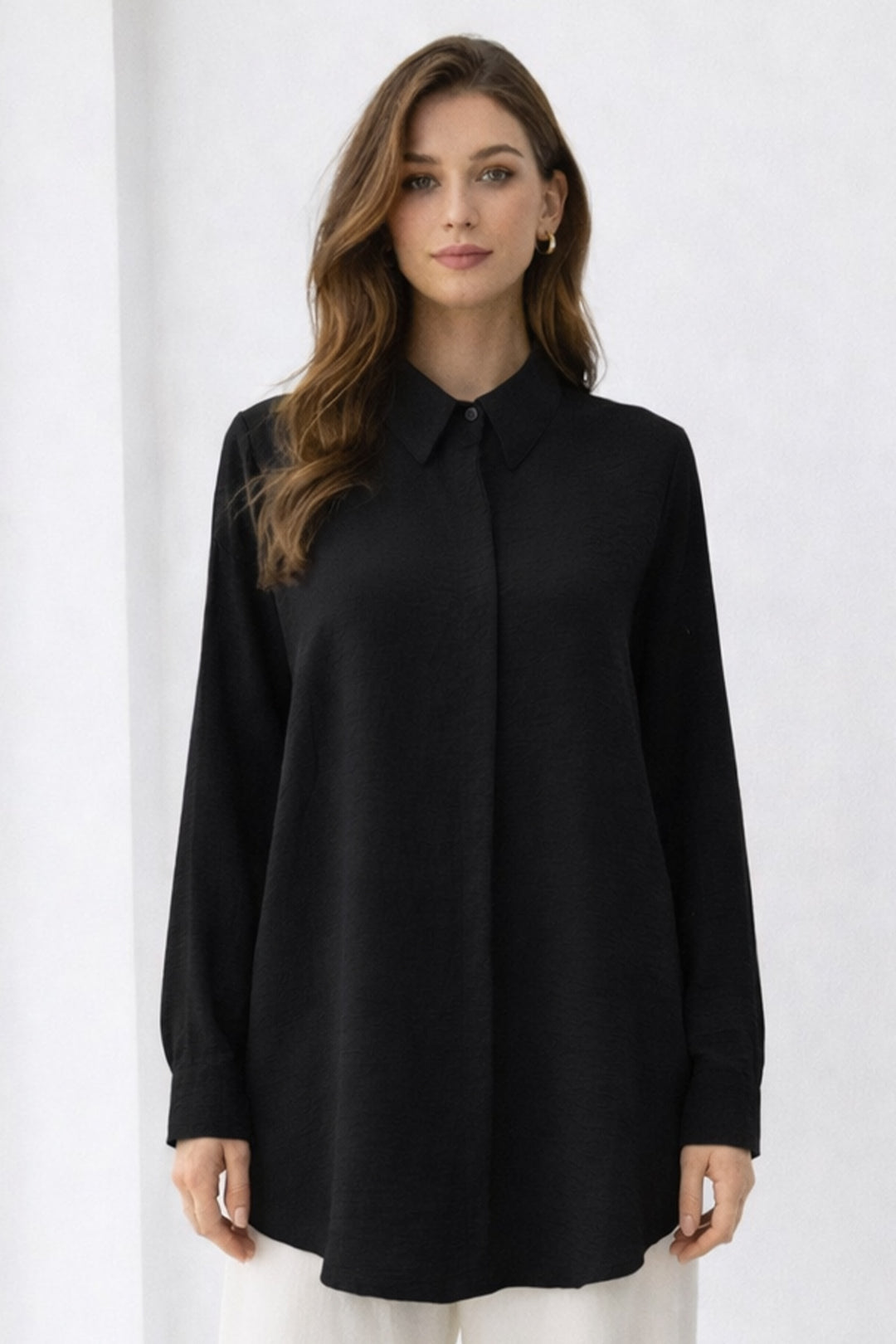 BNG Women Gömlek Yaka Uzun Tesettür Tunik B5945 Siyah - Canterbury