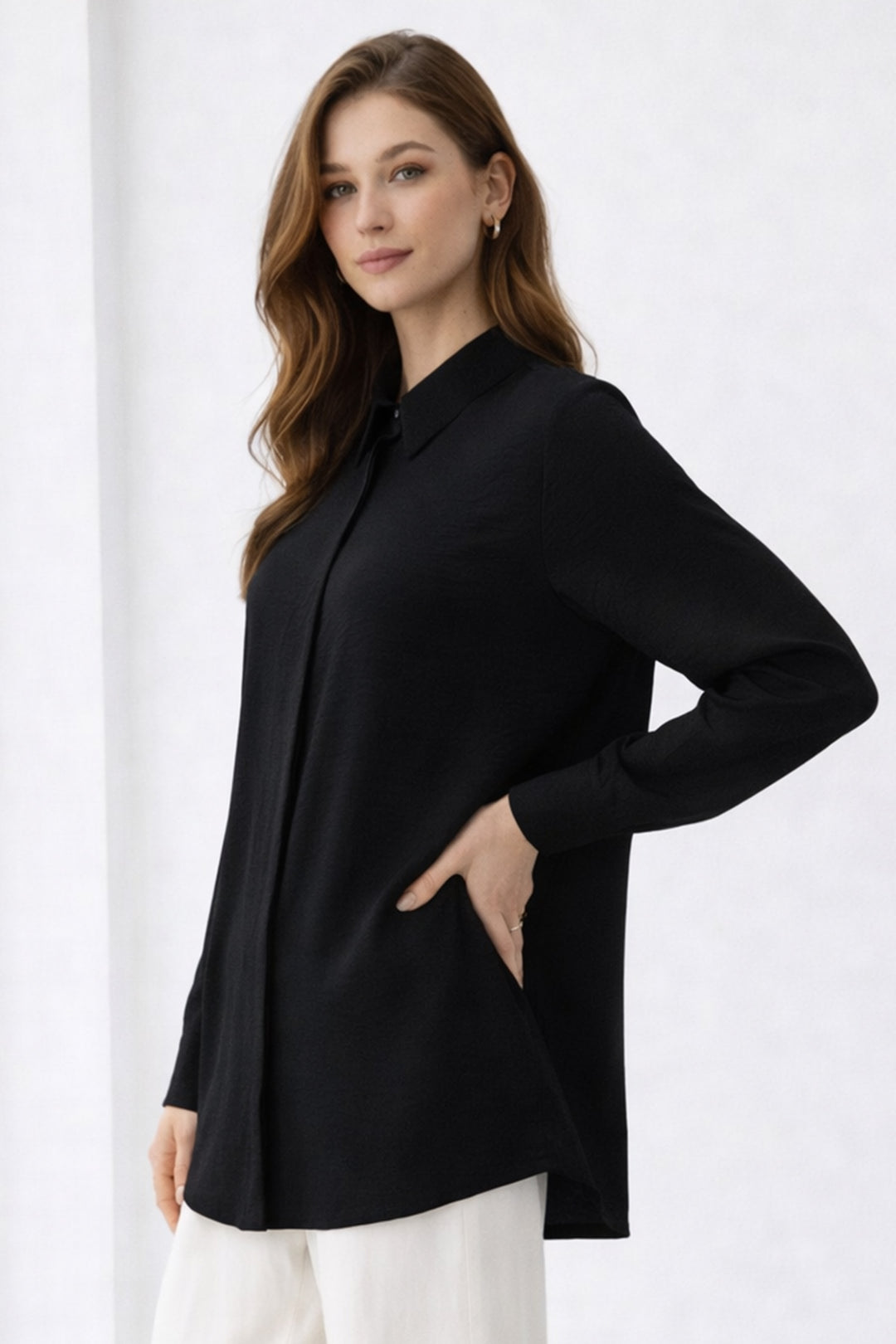 BNG Women Gömlek Yaka Uzun Tesettür Tunik B5945 Siyah - Canterbury
