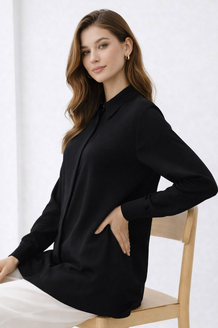 BNG Women Gömlek Yaka Uzun Tesettür Tunik B5945 Siyah - Canterbury