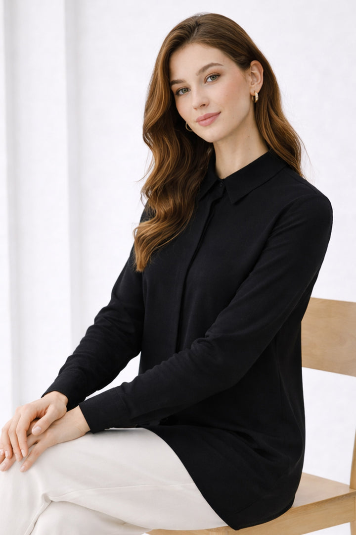BNG Women Gömlek Yaka Uzun Tesettür Tunik B5945 Siyah - Canterbury