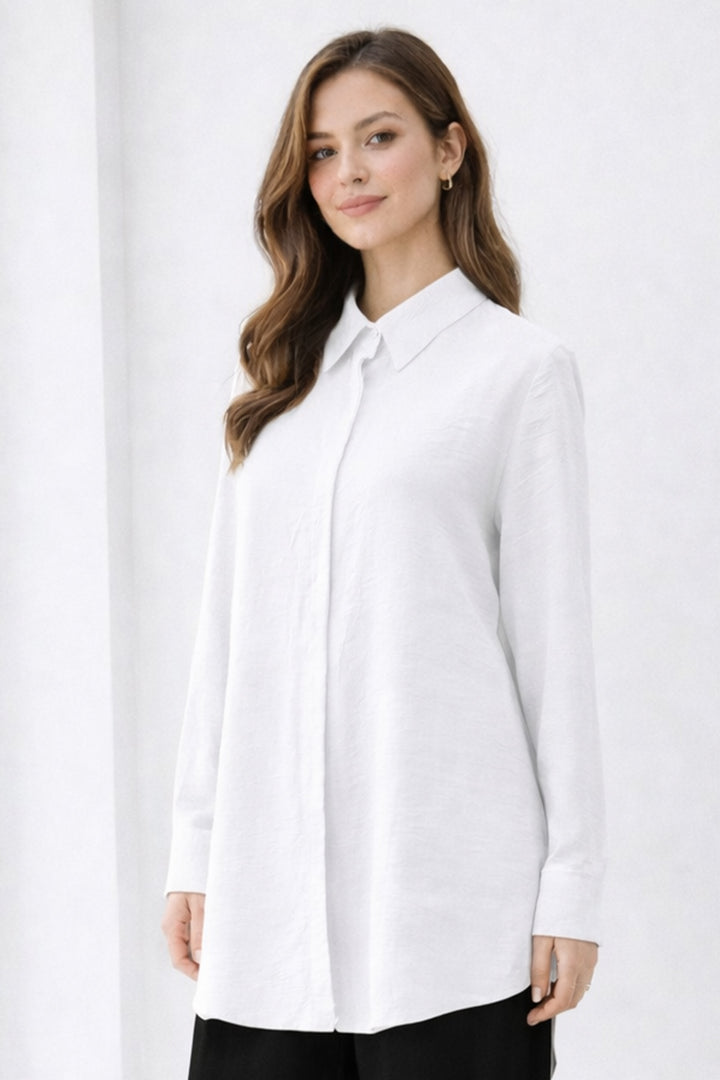 BNG Women Gömlek Yaka Uzun Tesettür Tunik B5945 Beyaz - Kentwood