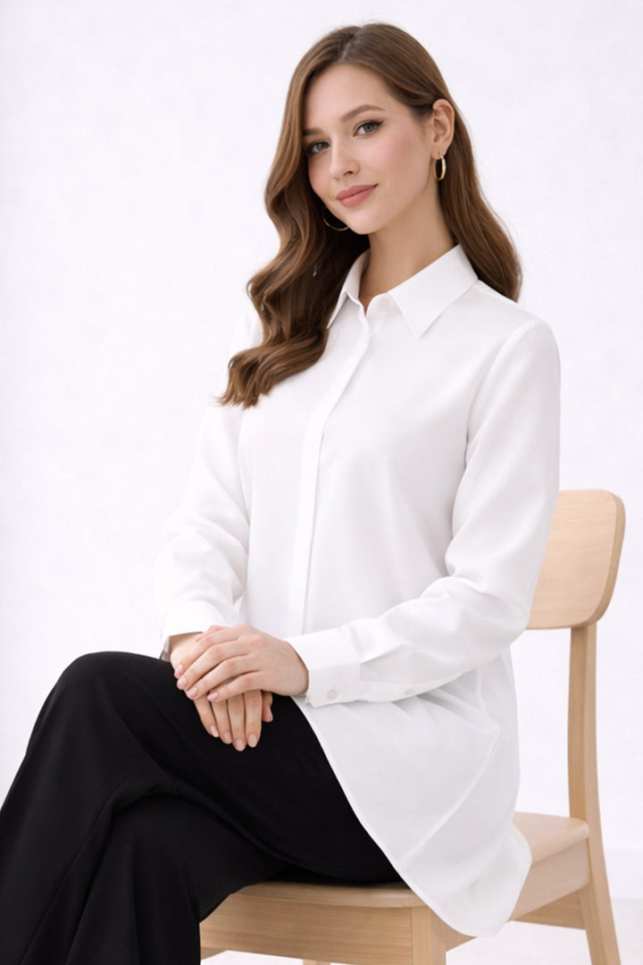BNG Women Gömlek Yaka Uzun Tesettür Tunik B5945 Beyaz - Kentwood