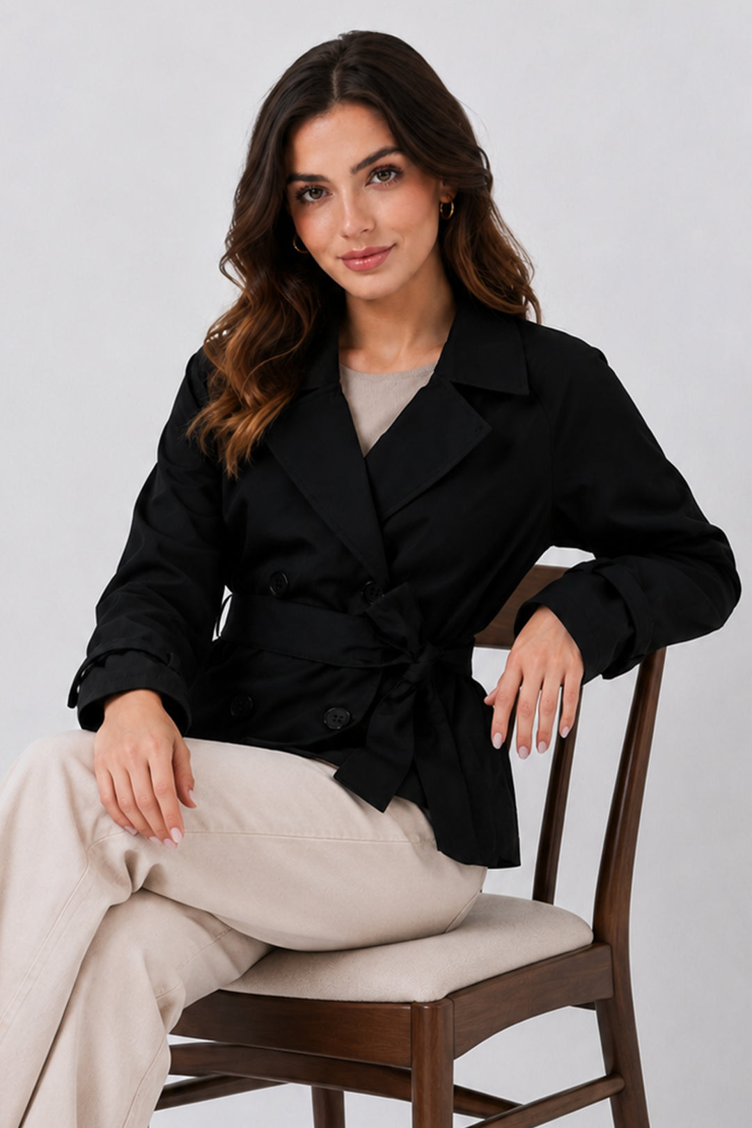 BNG Women Kemerli Kısa Trençkot B5970 Siyah - Thornton Heath