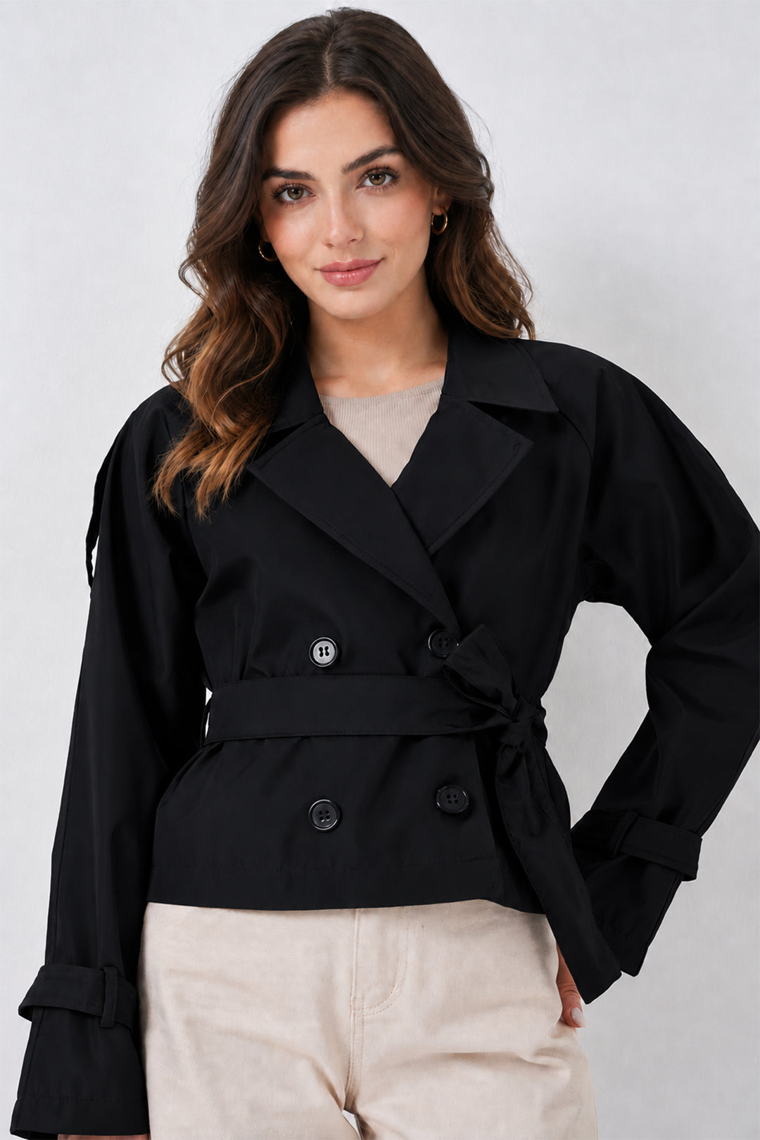 BNG Women Kemerli Kısa Trençkot B5970 Siyah - Thornton Heath