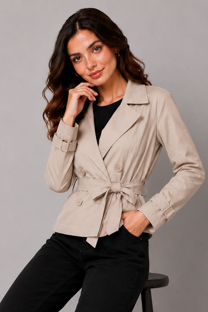 BNG Women Kemerli Kısa Trençkot B5970 Taş Rengi - Owensboro