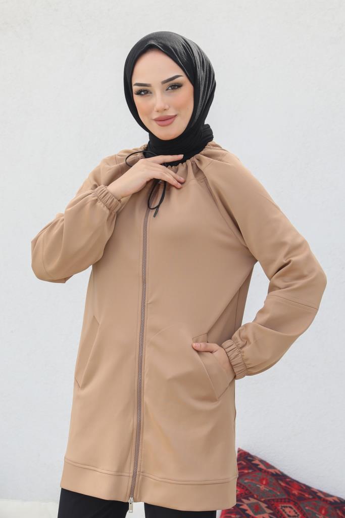 BNG سترة نسائية بسحاب للحجاب باللون البيج - كليرمونت