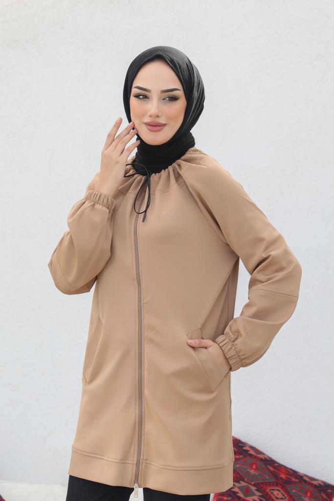 BNG سترة نسائية بسحاب للحجاب باللون البيج - كليرمونت