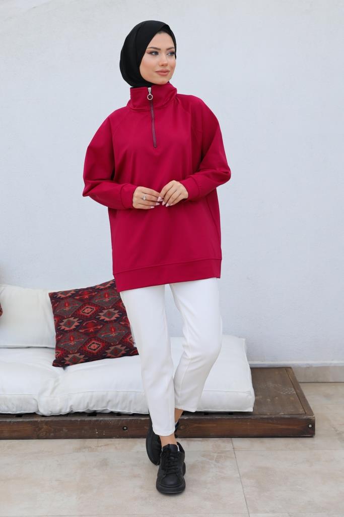 BNG Women Raglan Sleeve Shirred Hijab Sweatshirt Bordeaux - Clermont