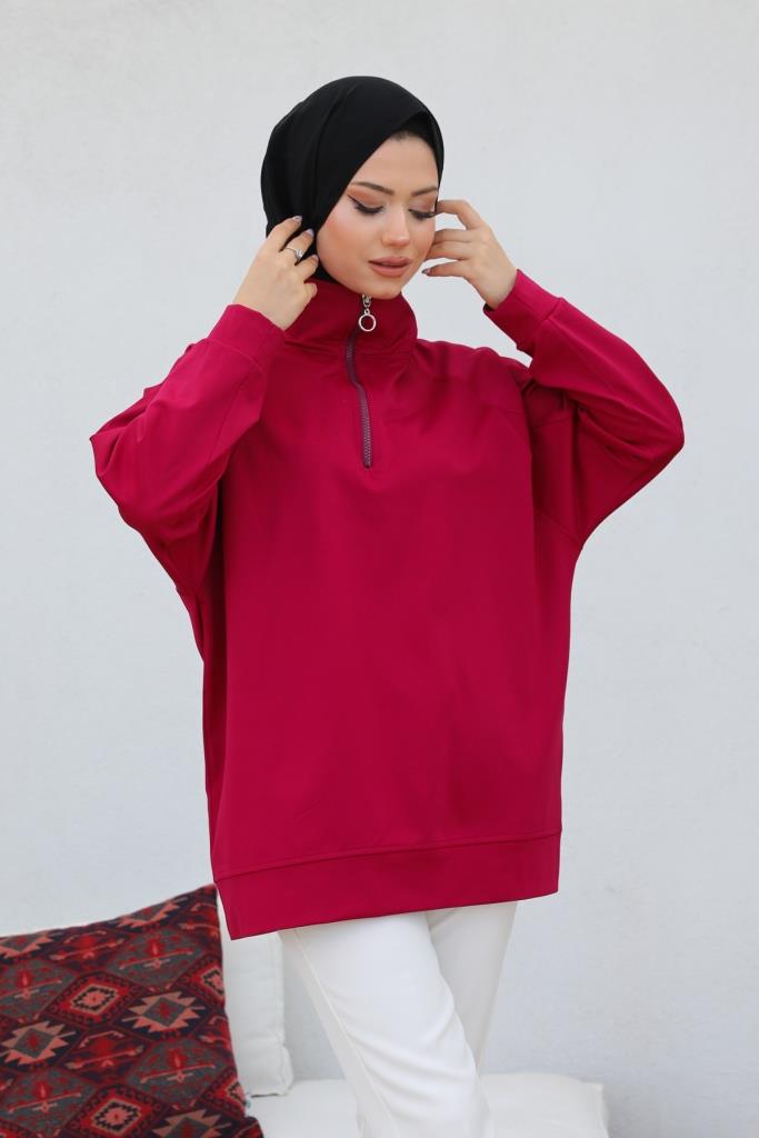 BNG Women Raglan Sleeve Shirred Hijab Sweatshirt Bordeaux - Clermont