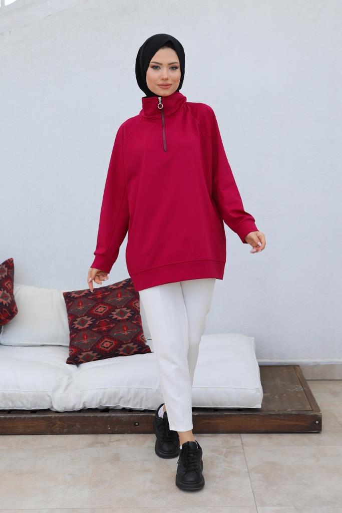 BNG Women Raglan Sleeve Shirred Hijab Sweatshirt Bordeaux - Clermont