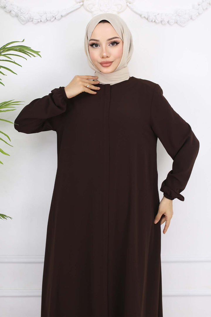 BNG Women Kolları Lastikli Gizli Fermuarlı Ferace Kahverengi 1002 - Charleston