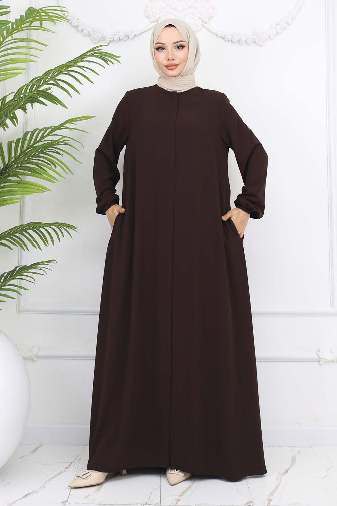 BNG Women Kolları Lastikli Gizli Fermuarlı Ferace Kahverengi 1002 - Charleston