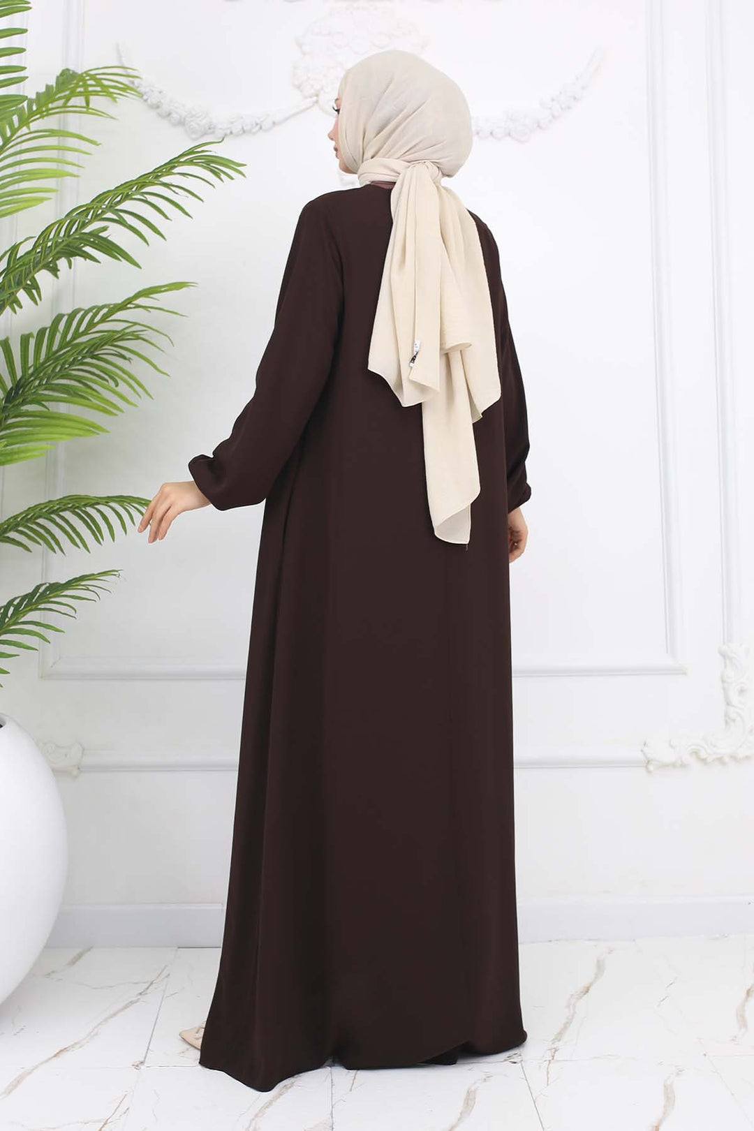 BNG Women Kolları Lastikli Gizli Fermuarlı Ferace Kahverengi 1002 - Charleston