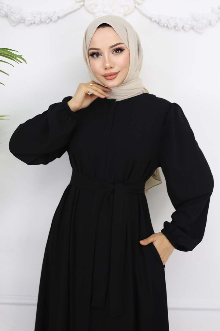 BNG Women Gizli Fermuarlı Kuşaklı Ferace Siyah 1003 - Fiumicino