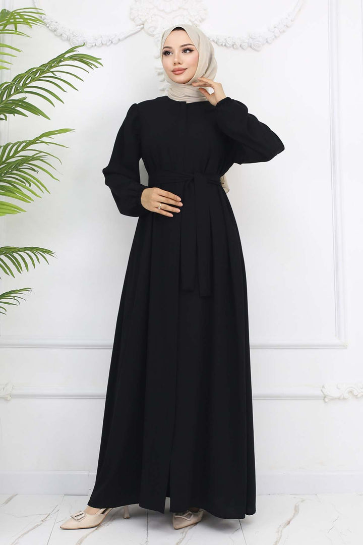 BNG Women Gizli Fermuarlı Kuşaklı Ferace Siyah 1003 - Fiumicino