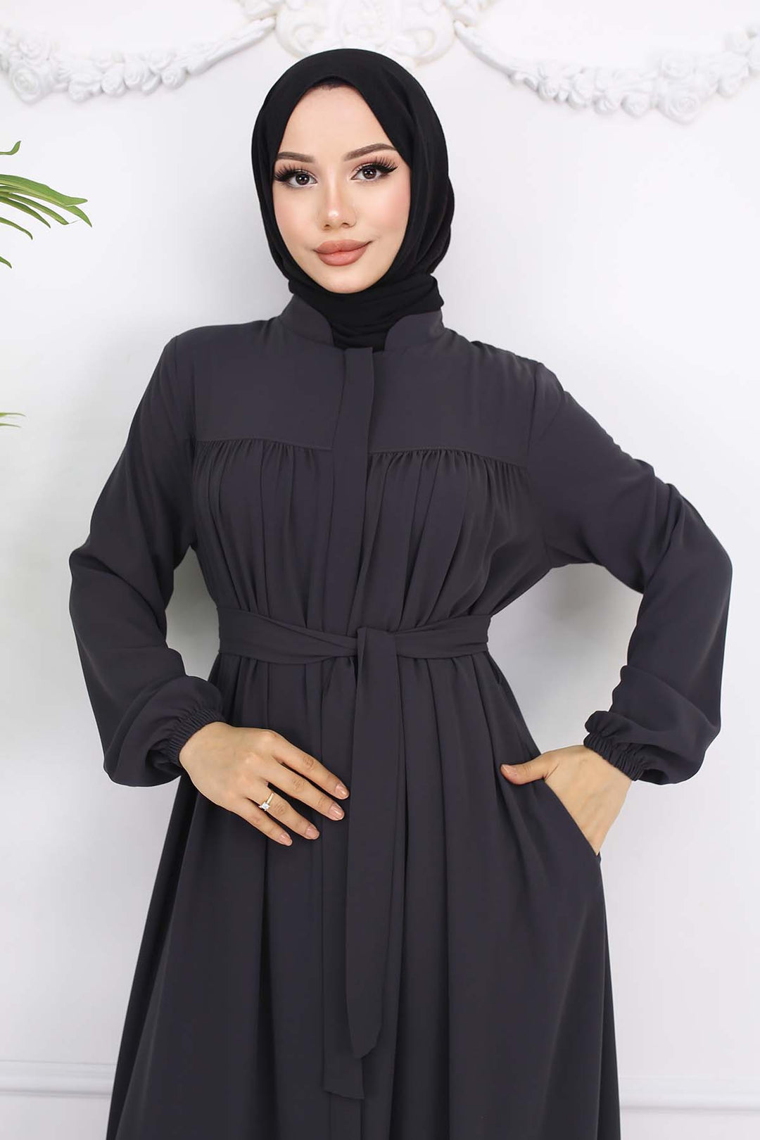 BNG Women Robe Belted Abaya Anthracite 1004 - Kearny