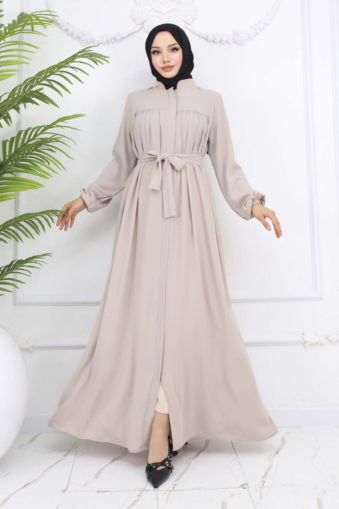 BNG Women Robalı Kuşaklı Ferace Taş Rengi 1004 - Morelia