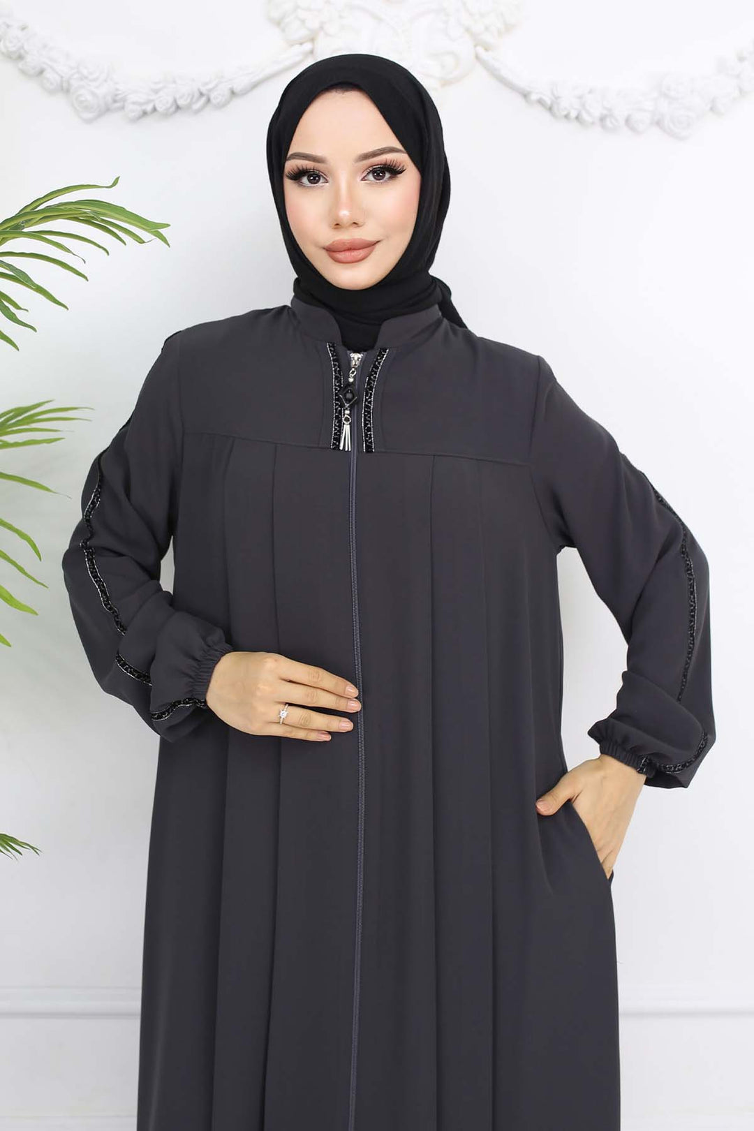 BNG Women Şerit Detaylı Robalı Ferace Antrasit 1007 - Neumarkt