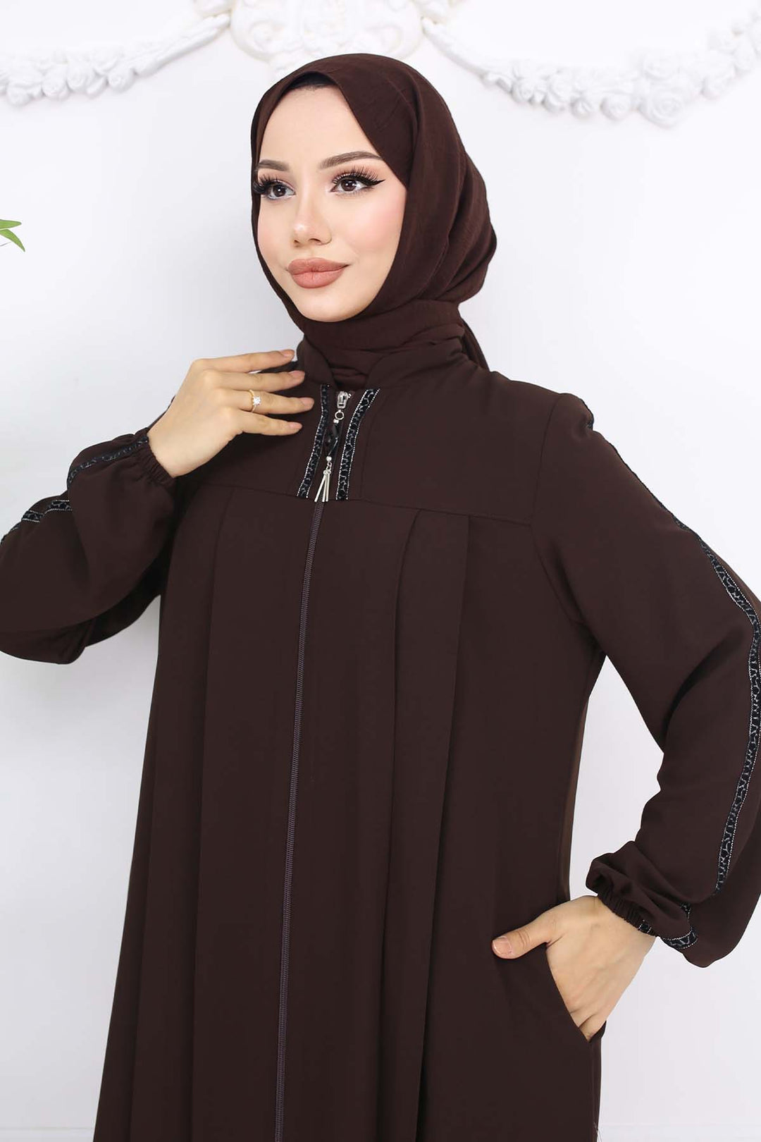 BNG Women Şerit Detaylı Robalı Ferace Kahverengi 1007 - Ivano-Frankivsk