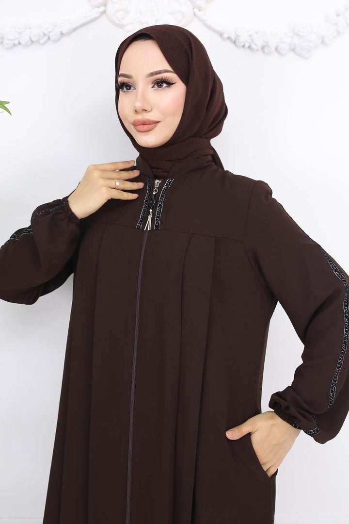 BNG Women Şerit Detaylı Robalı Ferace Kahverengi 1007 - Ivano-Frankivsk