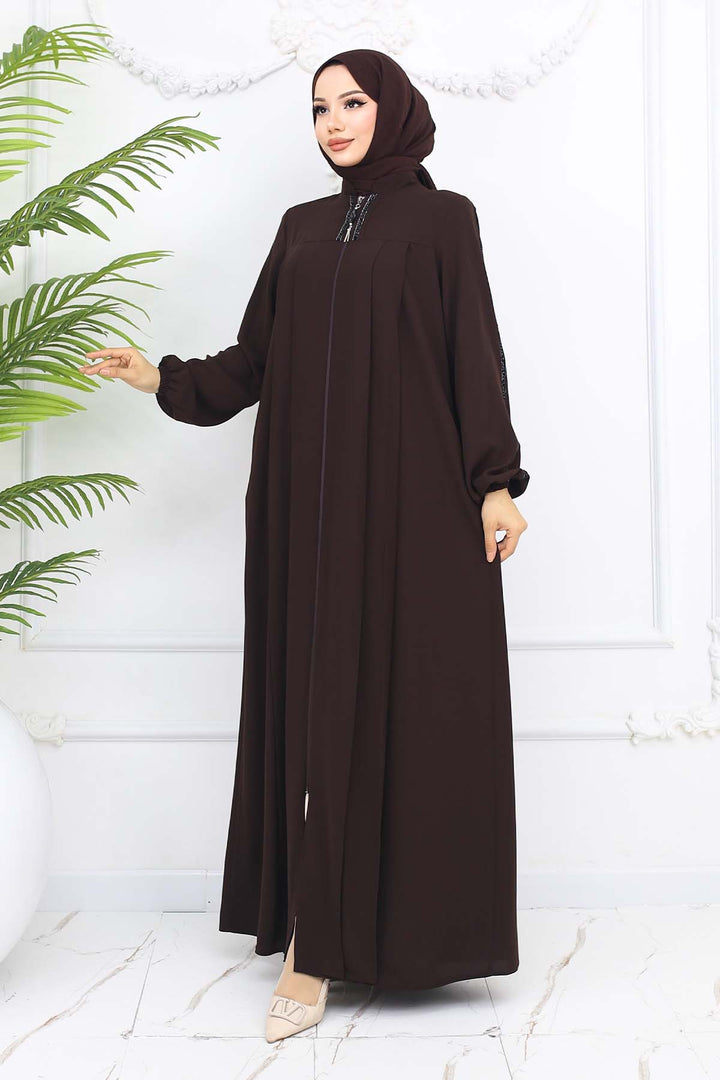 BNG Women Şerit Detaylı Robalı Ferace Kahverengi 1007 - Ivano-Frankivsk