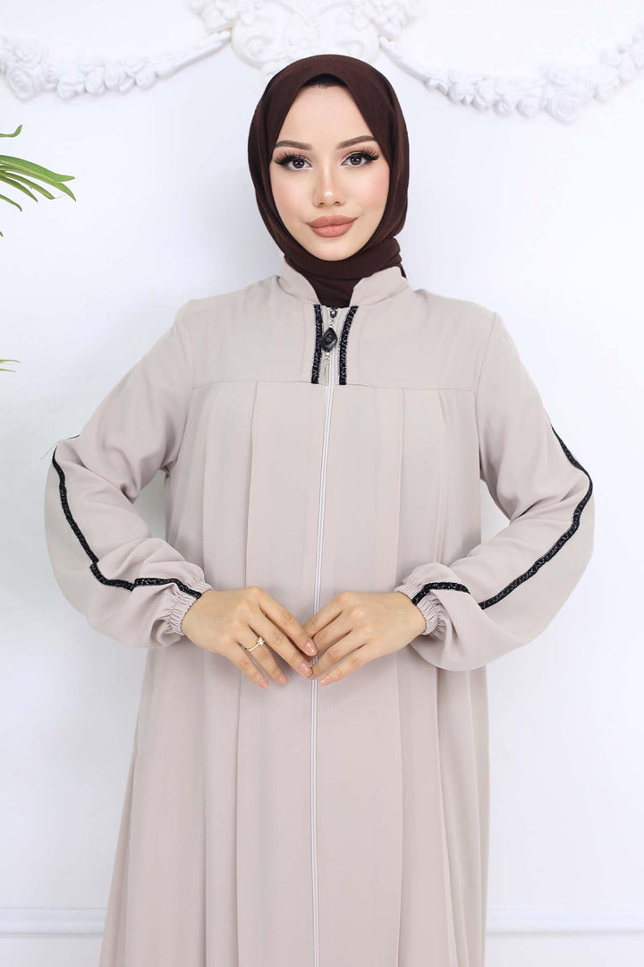 BNG Women Şerit Detaylı Robalı Ferace Taş Rengi 1007 - Topeka