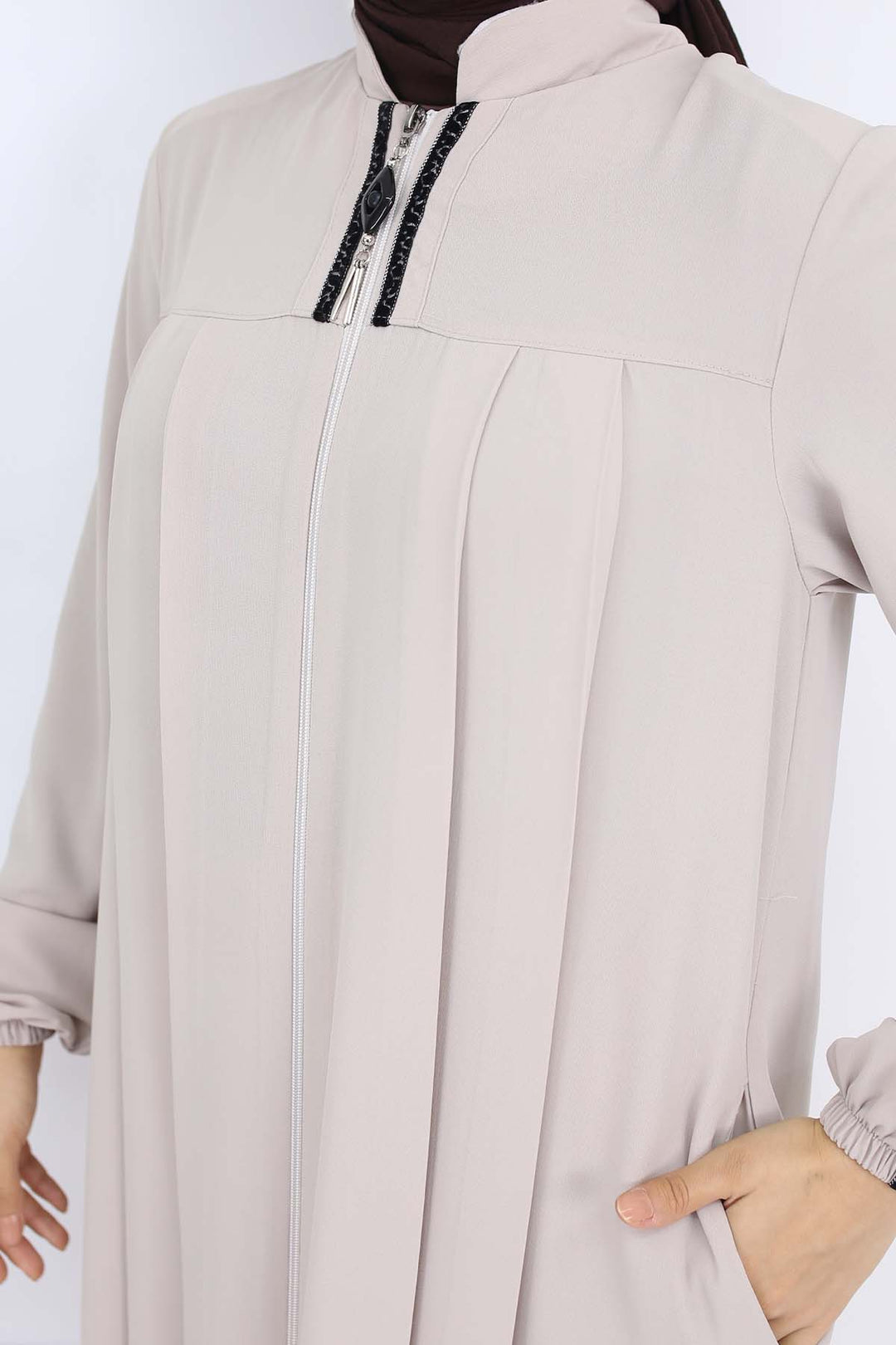 BNG Women Şerit Detaylı Robalı Ferace Taş Rengi 1007 - Topeka