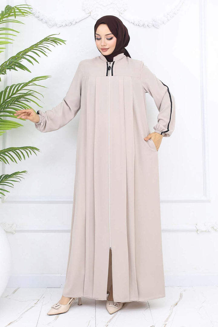 BNG Women Şerit Detaylı Robalı Ferace Taş Rengi 1007 - Topeka