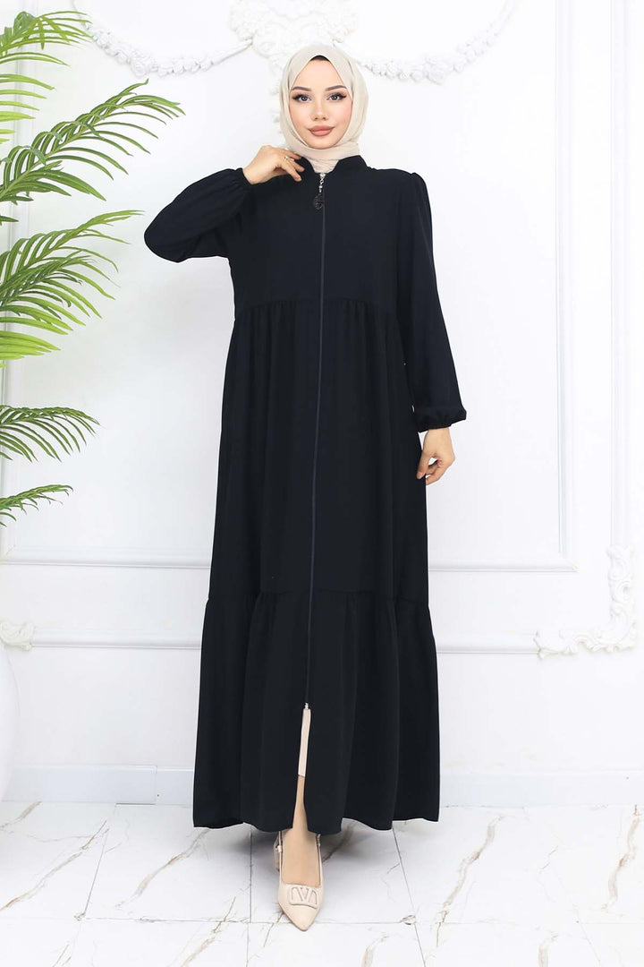 BNG Women Pleated Detailed Zippered Abaya Black 1008 - Uruapan
