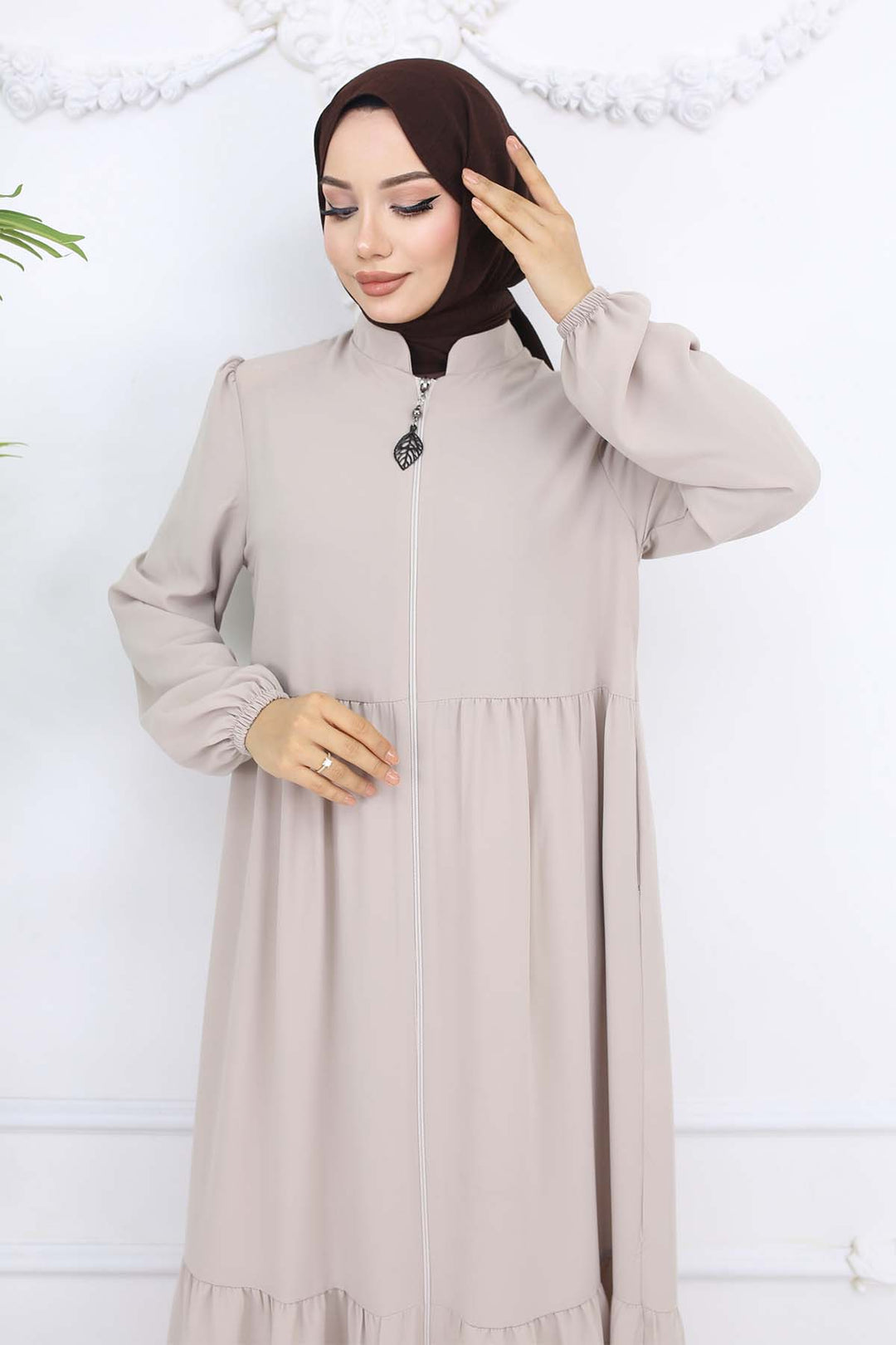 BNG Women Pleated Detailed Zippered Ferace Stone Color 1008 - Magdeburg