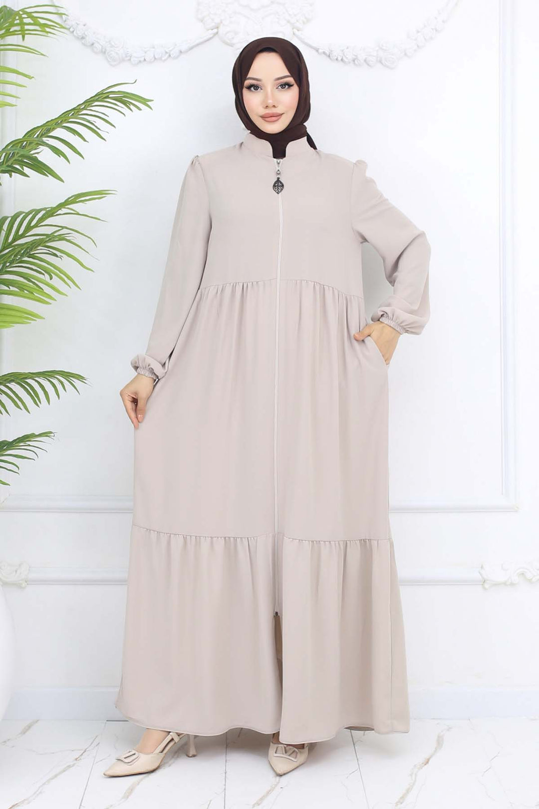 BNG Women Pleated Detailed Zippered Ferace Stone Color 1008 - Magdeburg