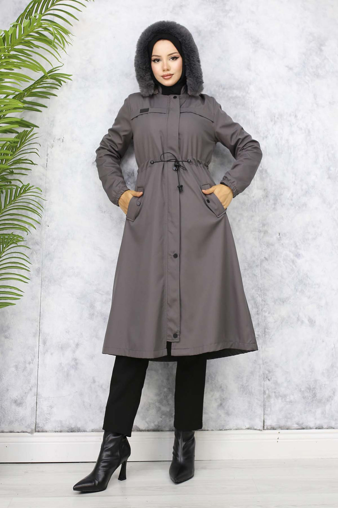 BNG Women Plush-lined Fur Collar Bonded Coat Anthracite 1053 - Invercargill