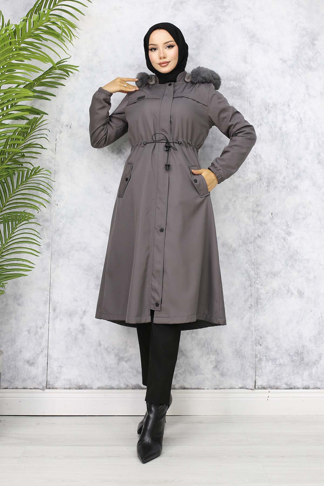 BNG Women Plush-lined Fur Collar Bonded Coat Anthracite 1053 - Invercargill