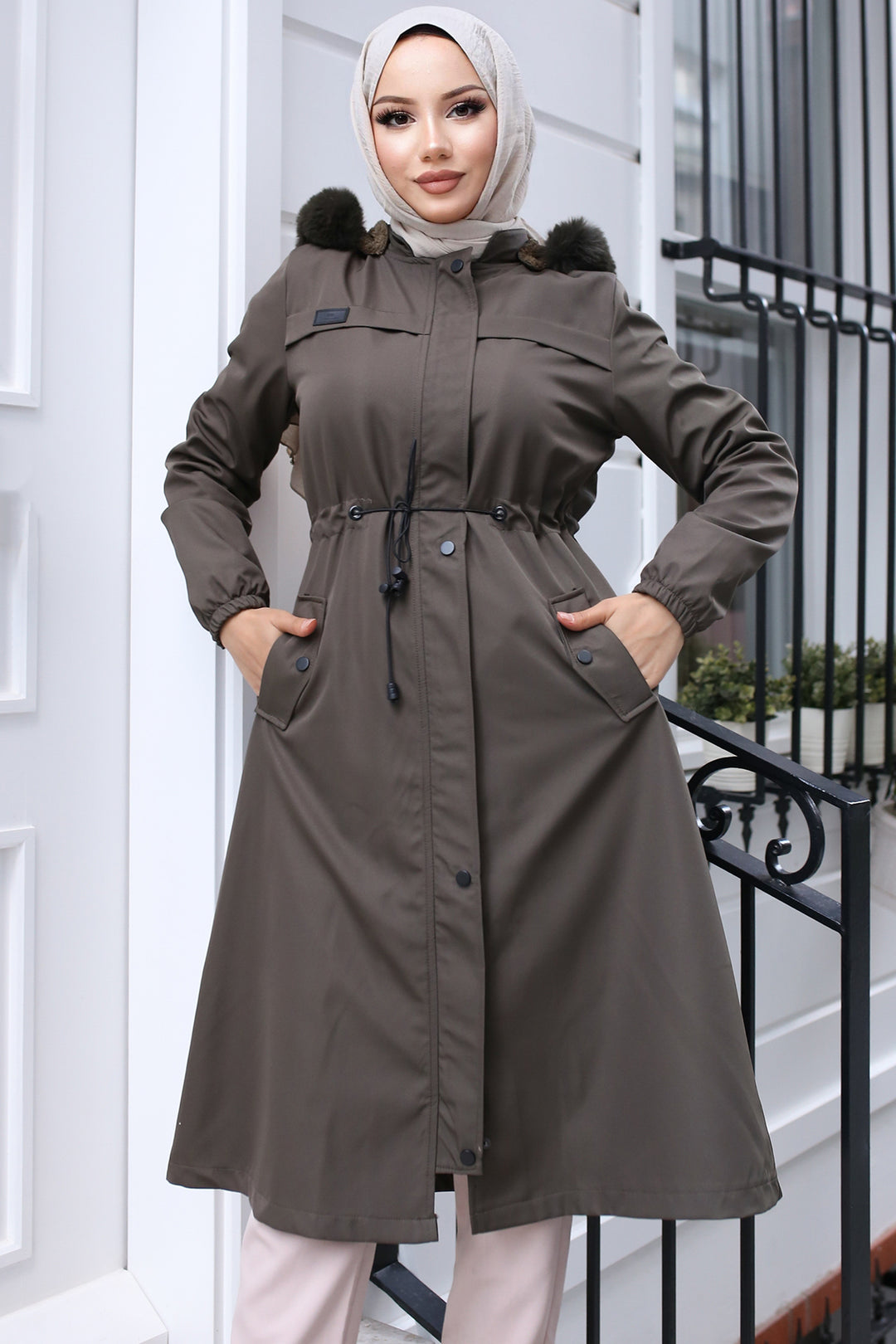 BNG Women Fur Collar Bonded Jacket with Plush Lining Khaki - Muskogee