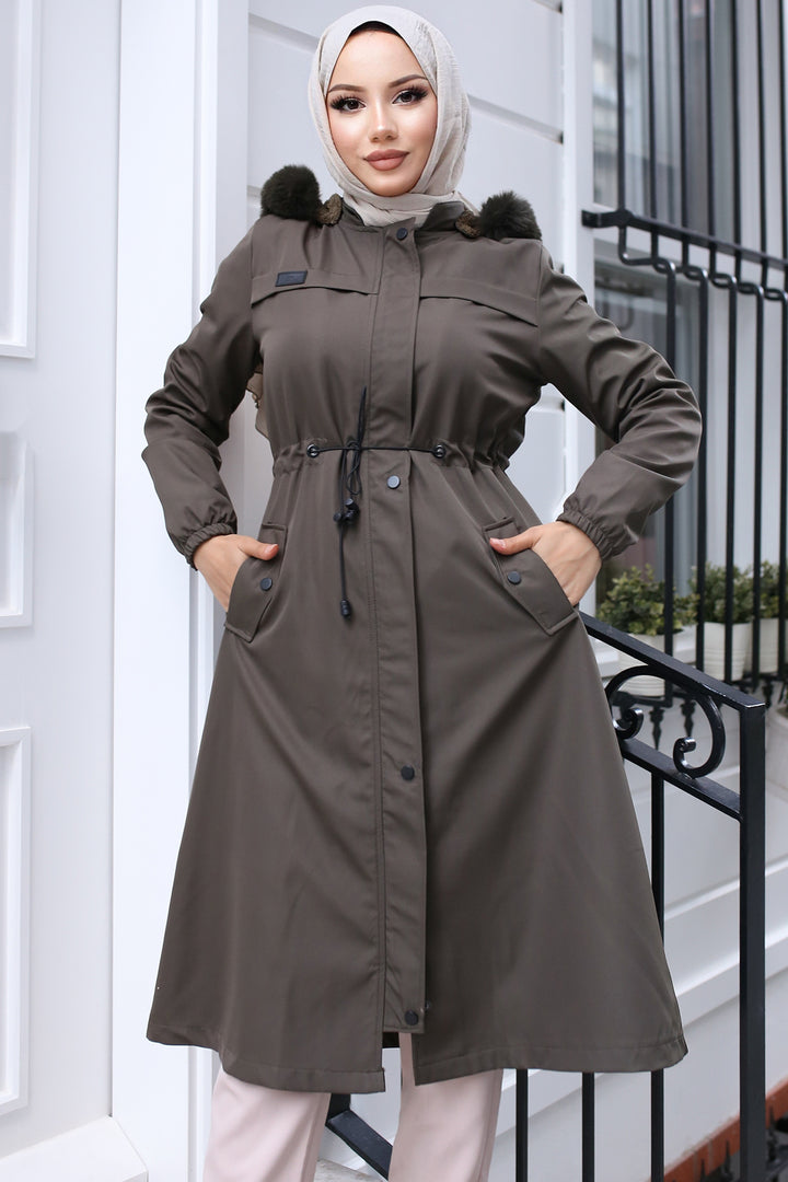 BNG Women Fur Collar Bonded Jacket with Plush Lining Khaki - Muskogee